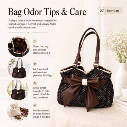 👜 Vintage Polka Dot Canvas Tote Bag for Women, Oversized Bow Shoulder Bag with Lace Trim