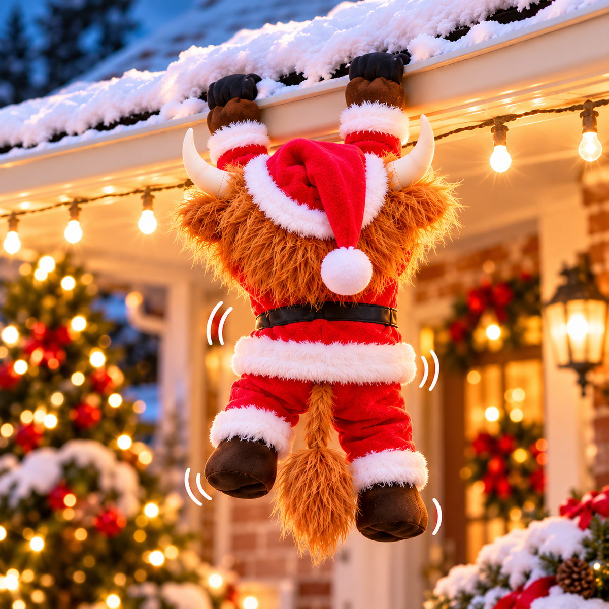 🎅🐮 Climbing Highland Cow™ – Animated Christmas Roof Climber | Adorable Santa Cow Holiday Hanging Decoration