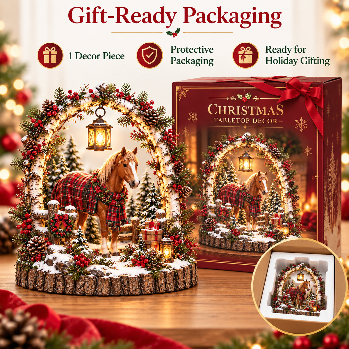 🐴🎄 Christmas Horse Lantern Scene – Cozy Winter Farmhouse Table Decor