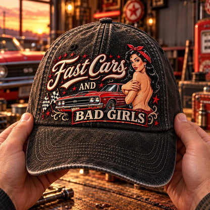 🏁 Fast Cars and Bad Girls Baseball Cap — Retro Muscle Car Style with a Bold Pin-Up Attitude