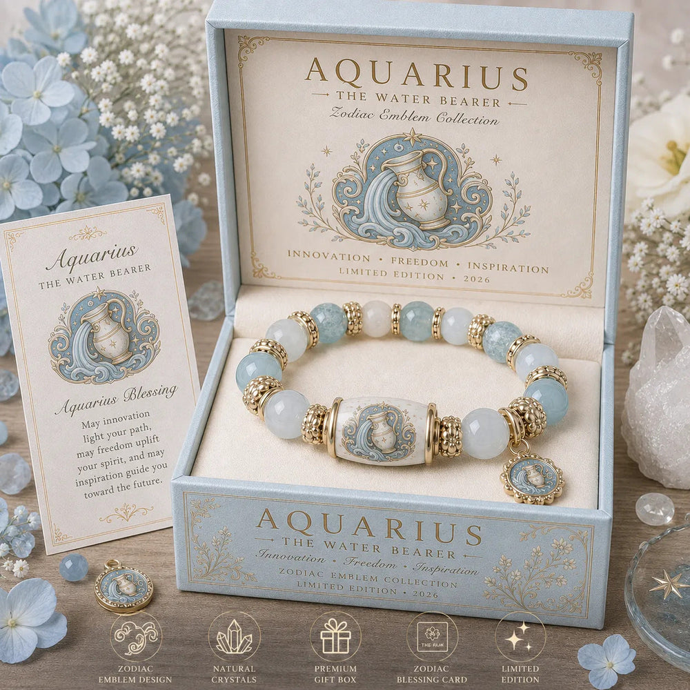 Aquarius zodiac bracelet with pale blue and white beads, gold-tone accents and a matching presentation box