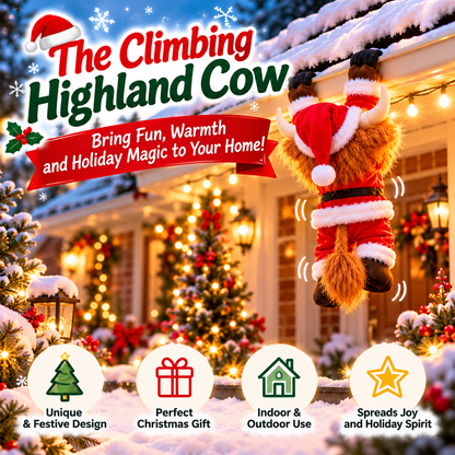🎅🐮 Climbing Highland Cow™ – Animated Christmas Roof Climber | Adorable Santa Cow Holiday Hanging Decoration