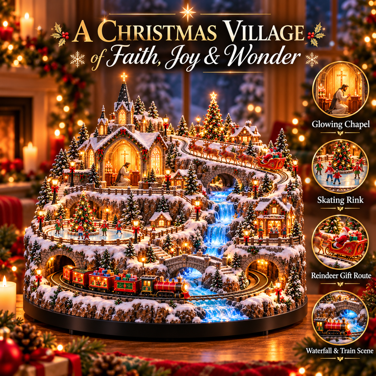 🔥 LAST DAY 49% OFF 🔥 Lighted Animated Christmas Village with Train, Reindeer Sleigh & Waterfall