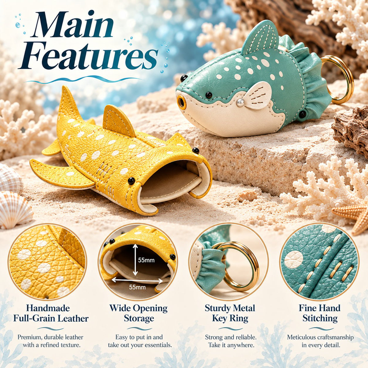 ✂️ Premium Leather Whale Shark Coin Purse | Hand-Stitched Ocean Key Holder