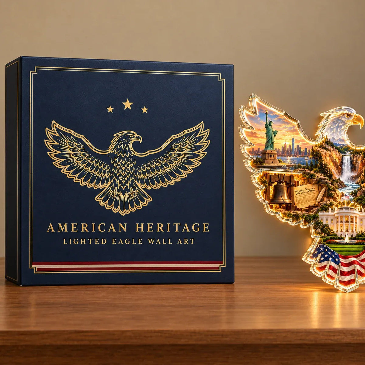 🦅 American Heritage Light-Up Eagle Wall Art – 6 Iconic U.S. Landmarks 🇺🇸