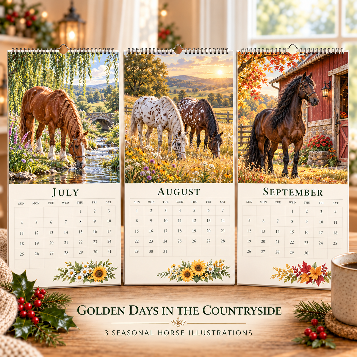 🐴 2027 Horse Seasons Calendar – 12 Seasonal Equestrian Illustrations, A3 Hanging Calendar Gift for Horse Lovers