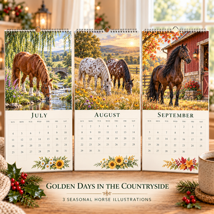 🐴 2027 Horse Seasons Calendar – 12 Seasonal Equestrian Illustrations, A3 Hanging Calendar Gift for Horse Lovers