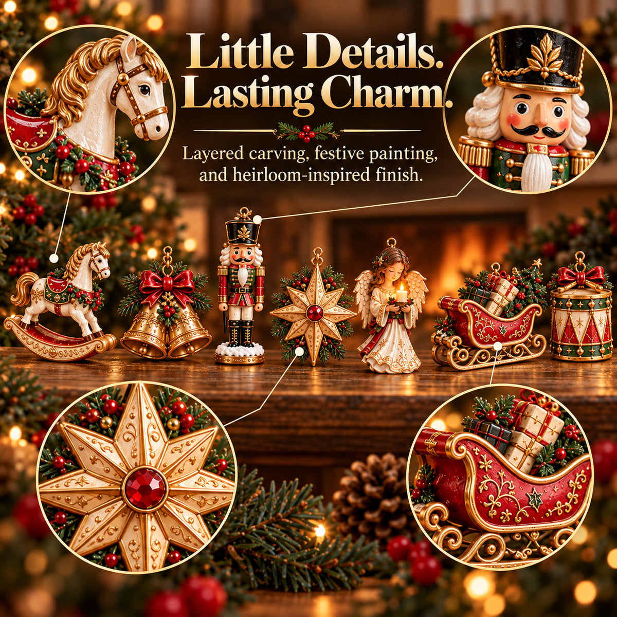 🎄 7-Piece Vintage Christmas Garland | Removable 3D Ornaments
