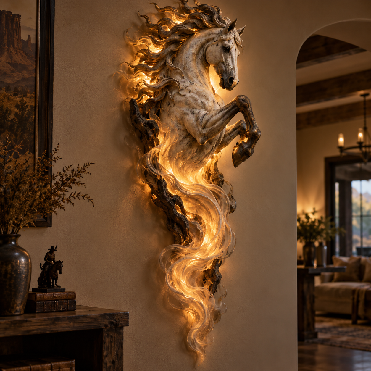 Illuminated sculptural unicorn wall sconce with flowing golden flame details
