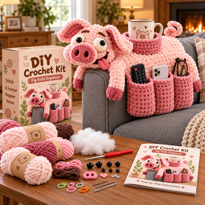 🧶😂 Couch Cuddlers™ DIY Crochet Kit – Funny Animal Sofa Armrest Organizer with 3 Handy Pockets 🛋️❤️