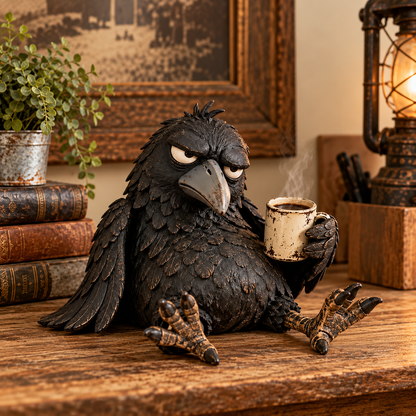 Grumpy Coffee Raven Figurine – “Not Yet” Funny Morning Decor