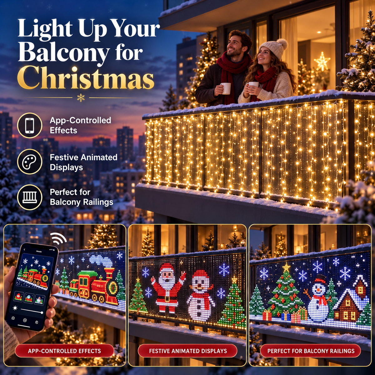 🎅 Smart RGB Pixel Curtain Lights – App-Controlled Animated Holiday Display for Balcony & Window Decor-1.6m*1.6m