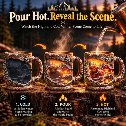 🐮✨ Highland Cow Christmas Magic Mug – Heat-Changing Winter Farmhouse Scene ❄️☕