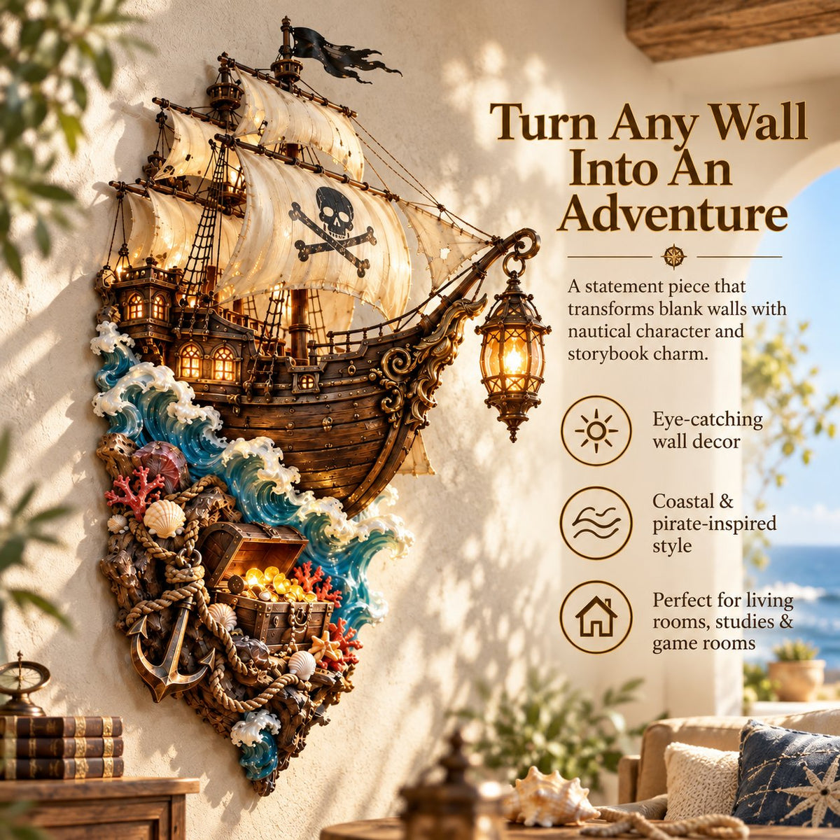 🔥Buy 2 Get 20% OFF🔥🏴‍☠️⛵🔥 Illuminated Pirate Ship Wall Lantern | Glowing Ghost Ship & Treasure Chest Sculpture, Nautical Fantasy Coastal Wall Décor