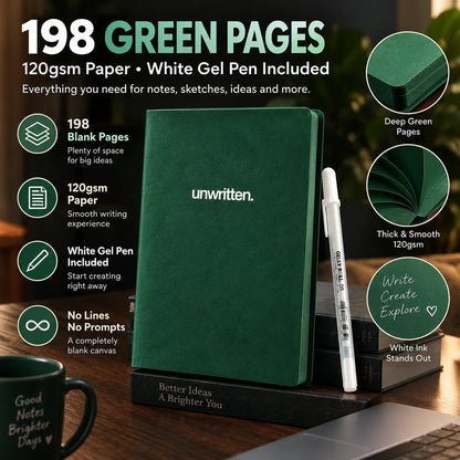 🔥HOT SALE 49% OFF - 📖Deep Green Blank Notebook with White Gel Pen | Aesthetic Writing & Sketch Journal
