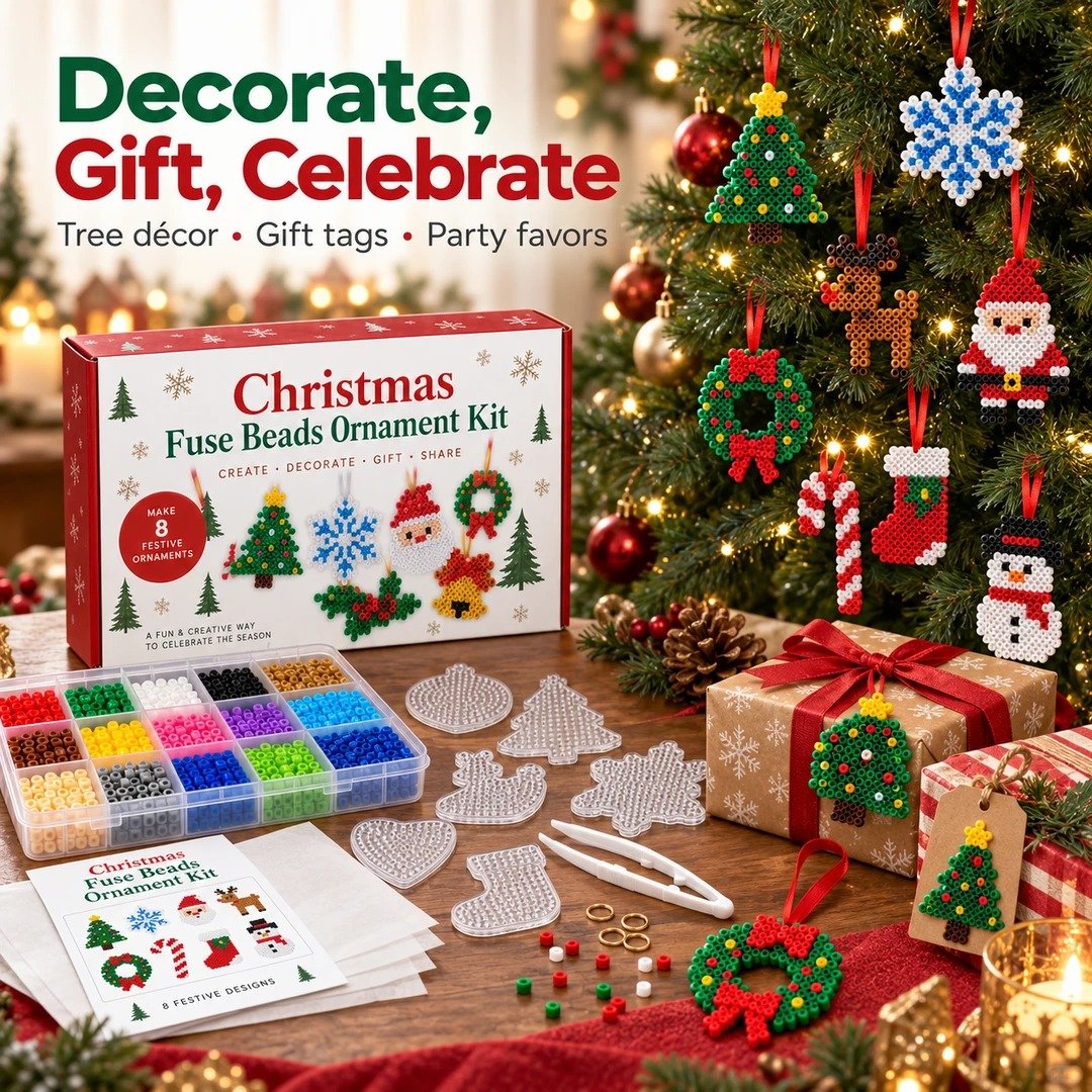 🎁LAST DAY 50% OFF-🎄 Christmas Fuse Beads Ornament Kit – 8 Festive Designs for Kids & Adults