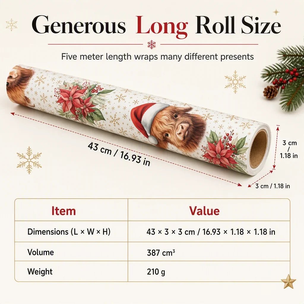 Christmas Highland Cow and Floral Gift Wrapping Paper Roll 43x500cm Holiday Present Wrap
