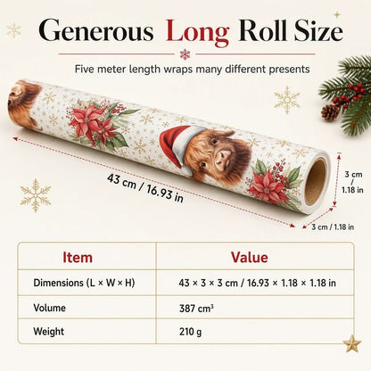 Christmas Highland Cow and Floral Gift Wrapping Paper Roll 43x500cm Holiday Present Wrap