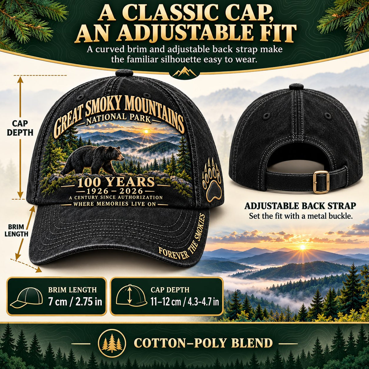 ⏳ Last Day 49% OFF – 🏞️ Great Smoky Mountains 1926–2026 Centennial Cap | Black Bear & Mountain Heritage Design 🐻