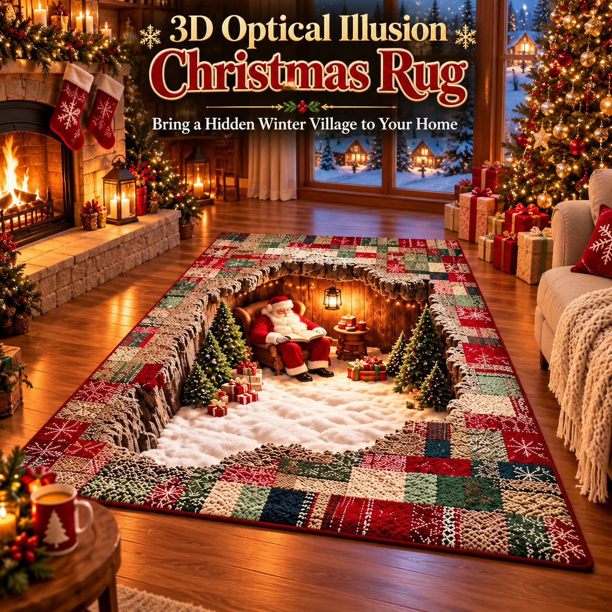 🎅3D Optical Illusion Christmas Village Rug – Hidden Santa Winter Wonderland ✨