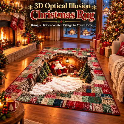 🎅3D Optical Illusion Christmas Village Rug – Hidden Santa Winter Wonderland ✨