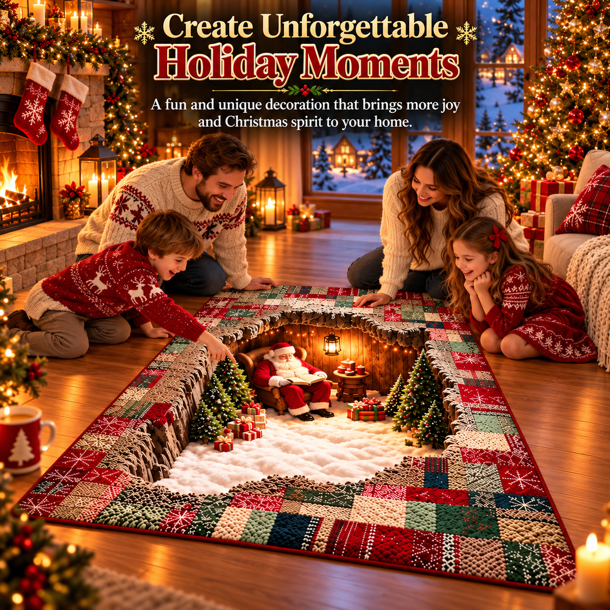 🎅3D Optical Illusion Christmas Village Rug – Hidden Santa Winter Wonderland ✨