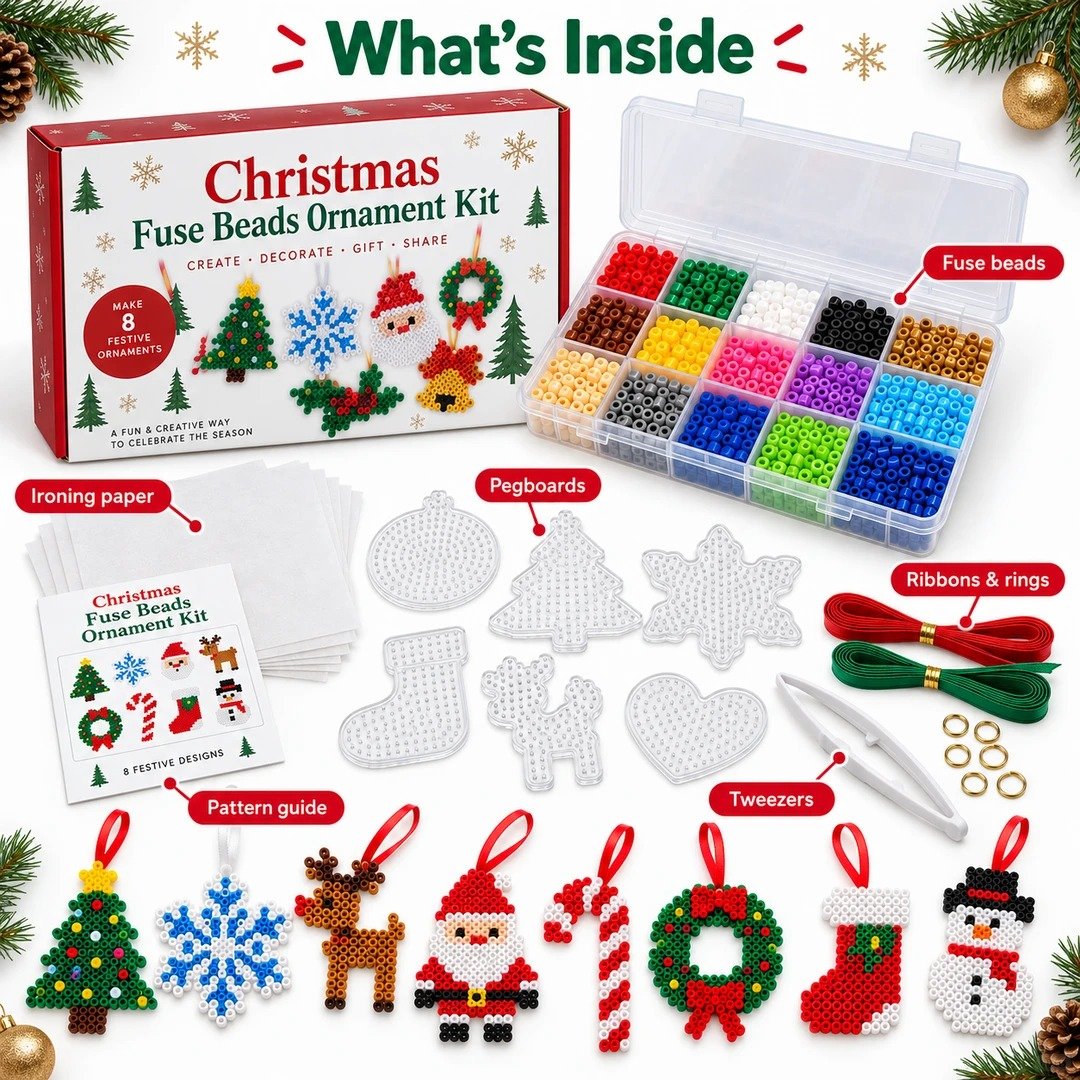 🎁LAST DAY 50% OFF-🎄 Christmas Fuse Beads Ornament Kit – 8 Festive Designs for Kids & Adults
