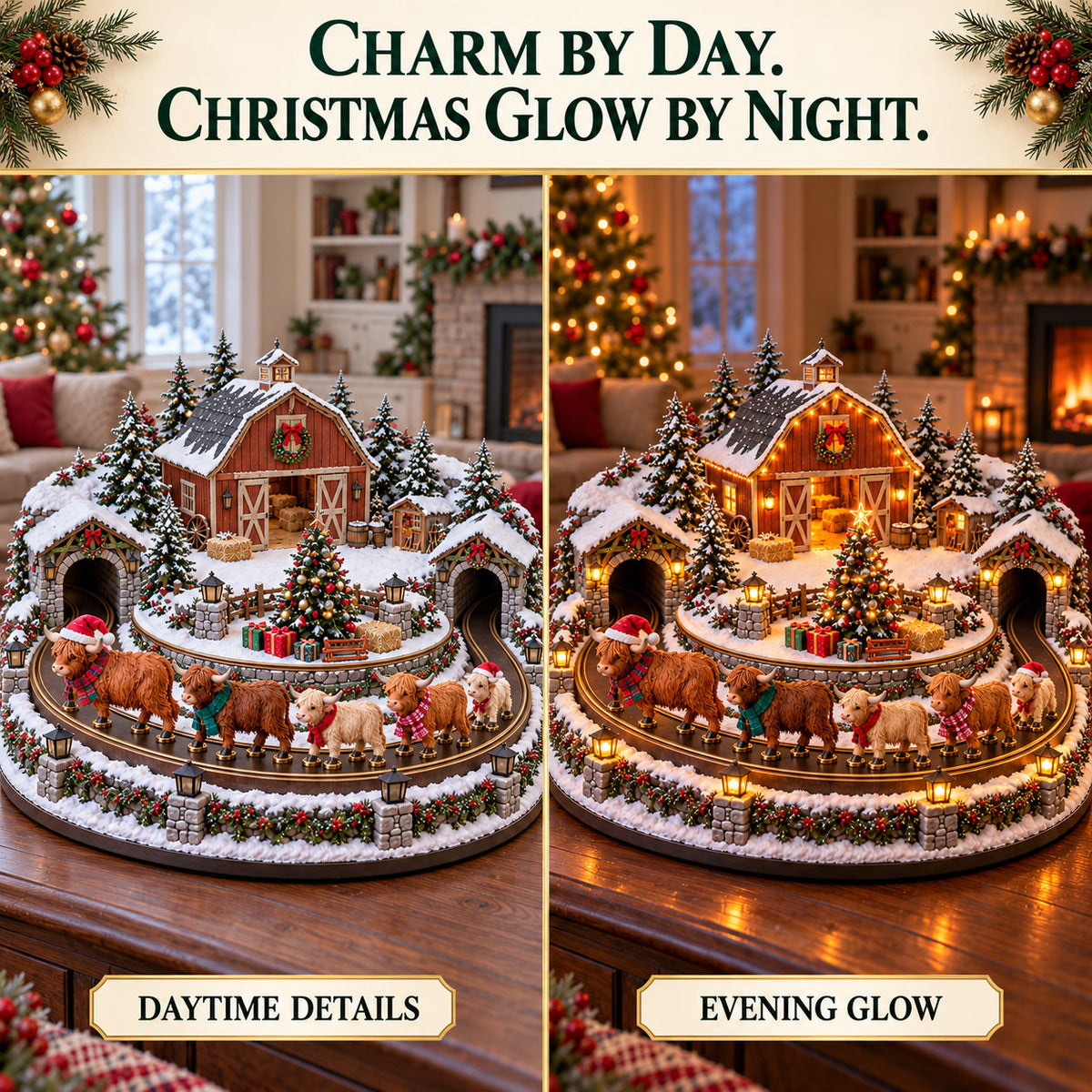🐮🎄 Animated Highland Cow Christmas Farm – Light-Up Holiday Tabletop Décor