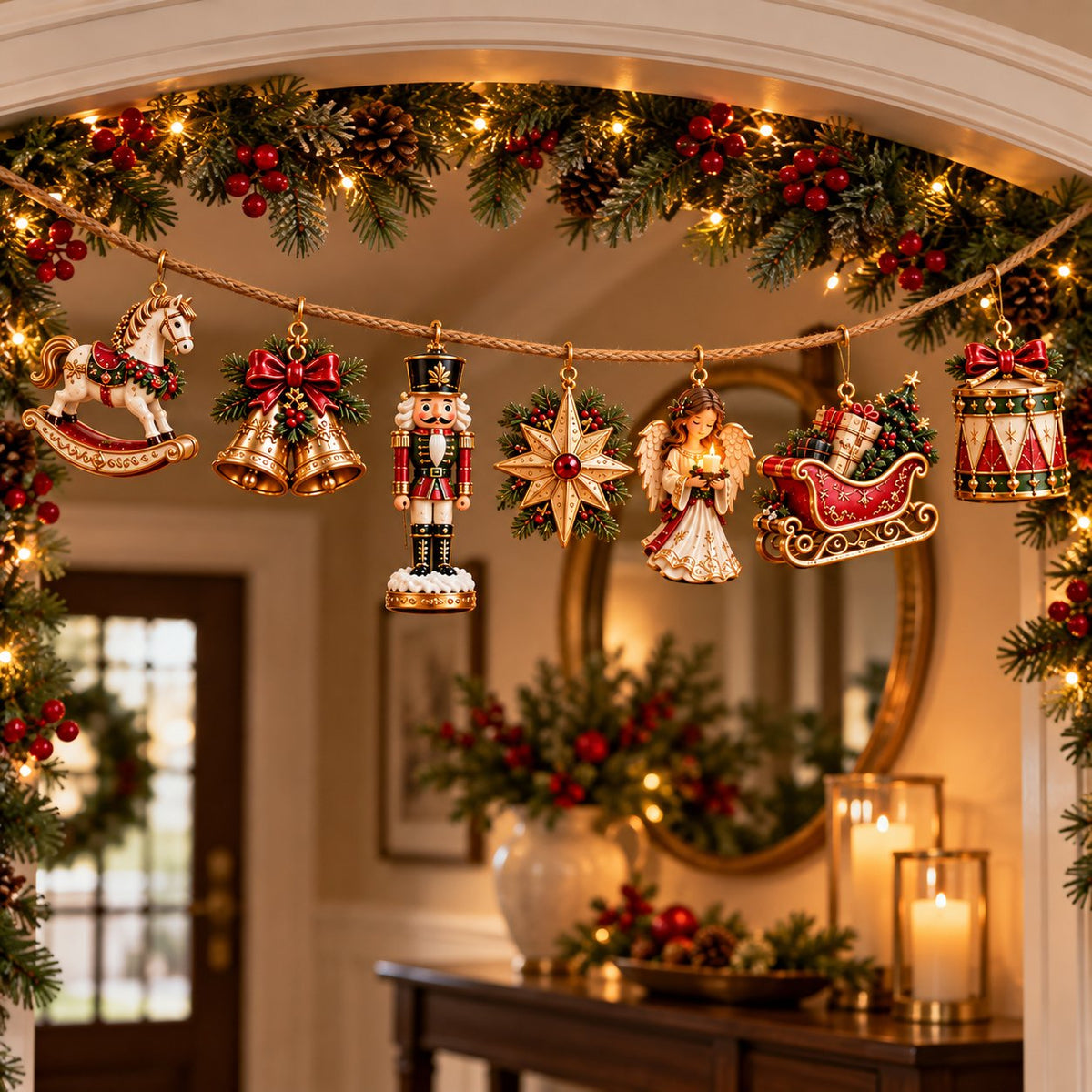 🎄 7-Piece Vintage Christmas Garland | Removable 3D Ornaments