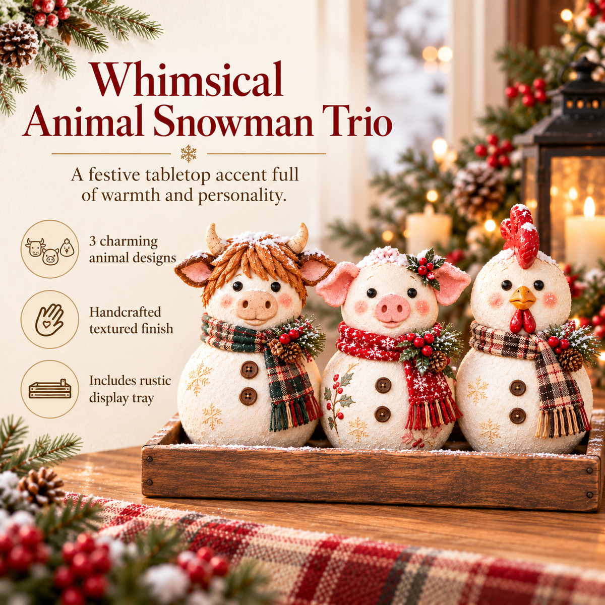 🐮 Farm Animal Snowman Trio – Highland Cow, Pig & Chicken Christmas Decorations with Rustic Tray