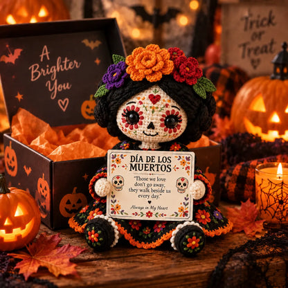 🔥LAST DAY 50% OFF - ✨Handcrafted Day of the Dead Crochet Doll – Sugar Skull Catrina Figurine with Floral Dress & Memorial Sign