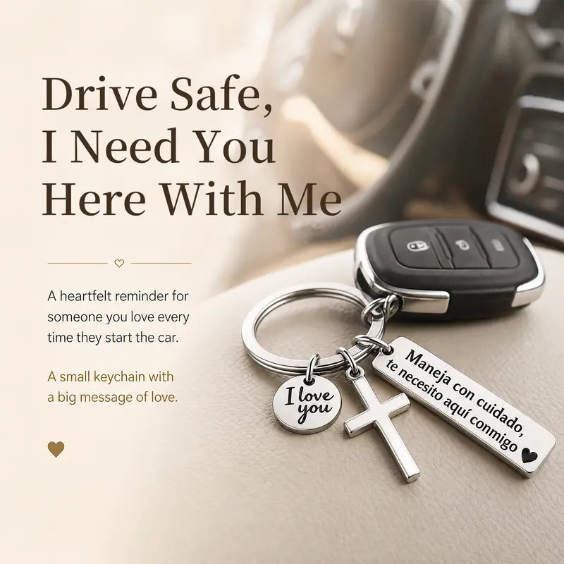 Maneja Con Cuidado Te Necesito Aquí Conmigo Keychain with Cross & 'I Love You' Charm