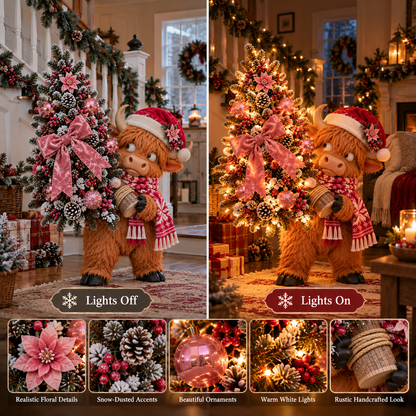 🎄🐮 Pinkmas Tree Bandit™ – Funny Lighted Highland Cow Carrying a Sparkling Pink Christmas Tree, Whimsical Holiday Porch Decor 🎀✨