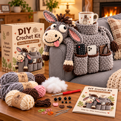 🧶😂 Couch Cuddlers™ DIY Crochet Kit – Funny Animal Sofa Armrest Organizer with 3 Handy Pockets 🛋️❤️