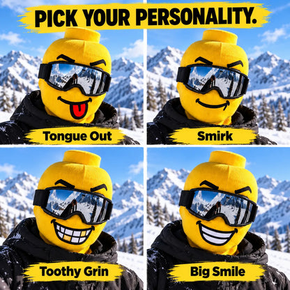 😜 Funny Yellow Ski Mask – Knit Balaclava with 4 Playful Faces ❄️