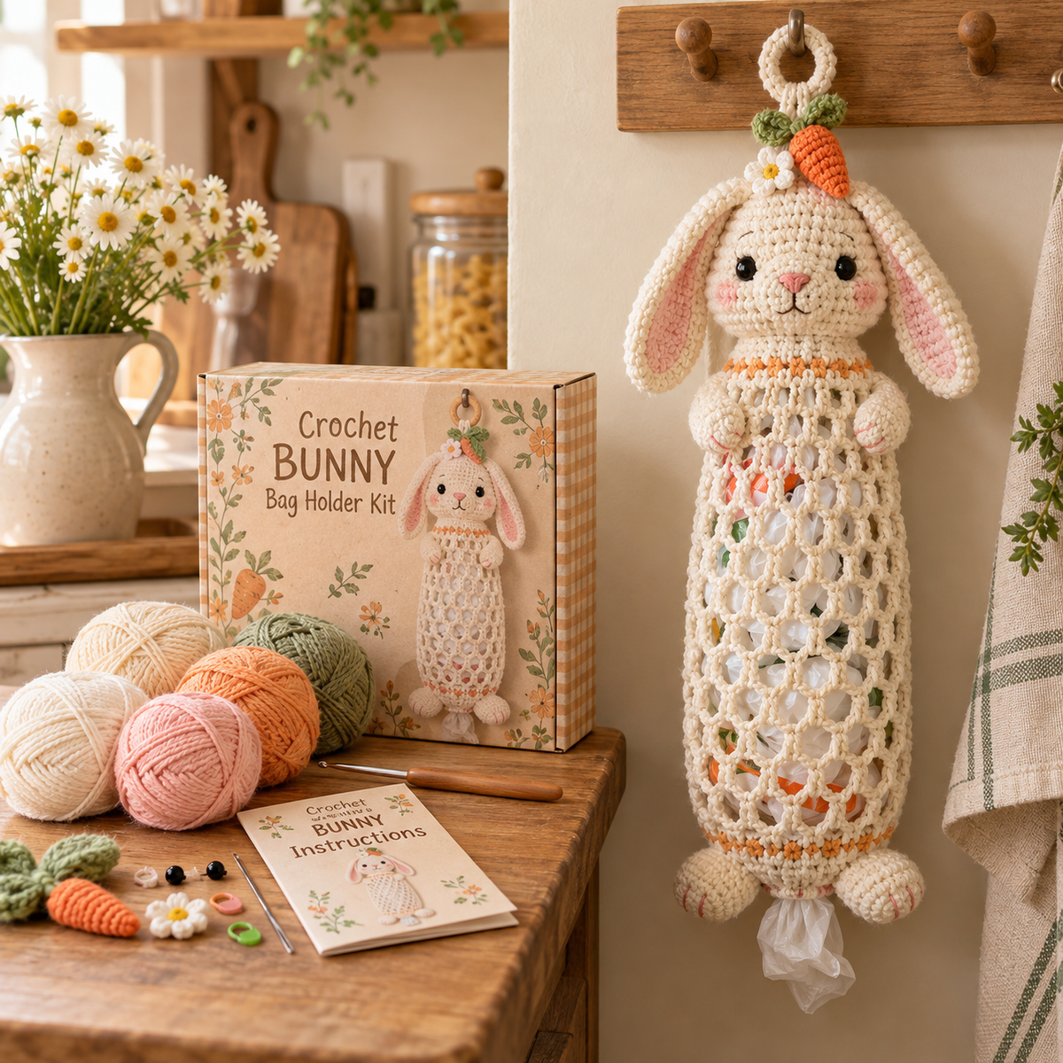 🔥LAST DAY 49% OFF – 🌼 Cottage Harvest Keepers™ — Crochet Animal Bag Holder DIY Kit | 8 Adorable Designs