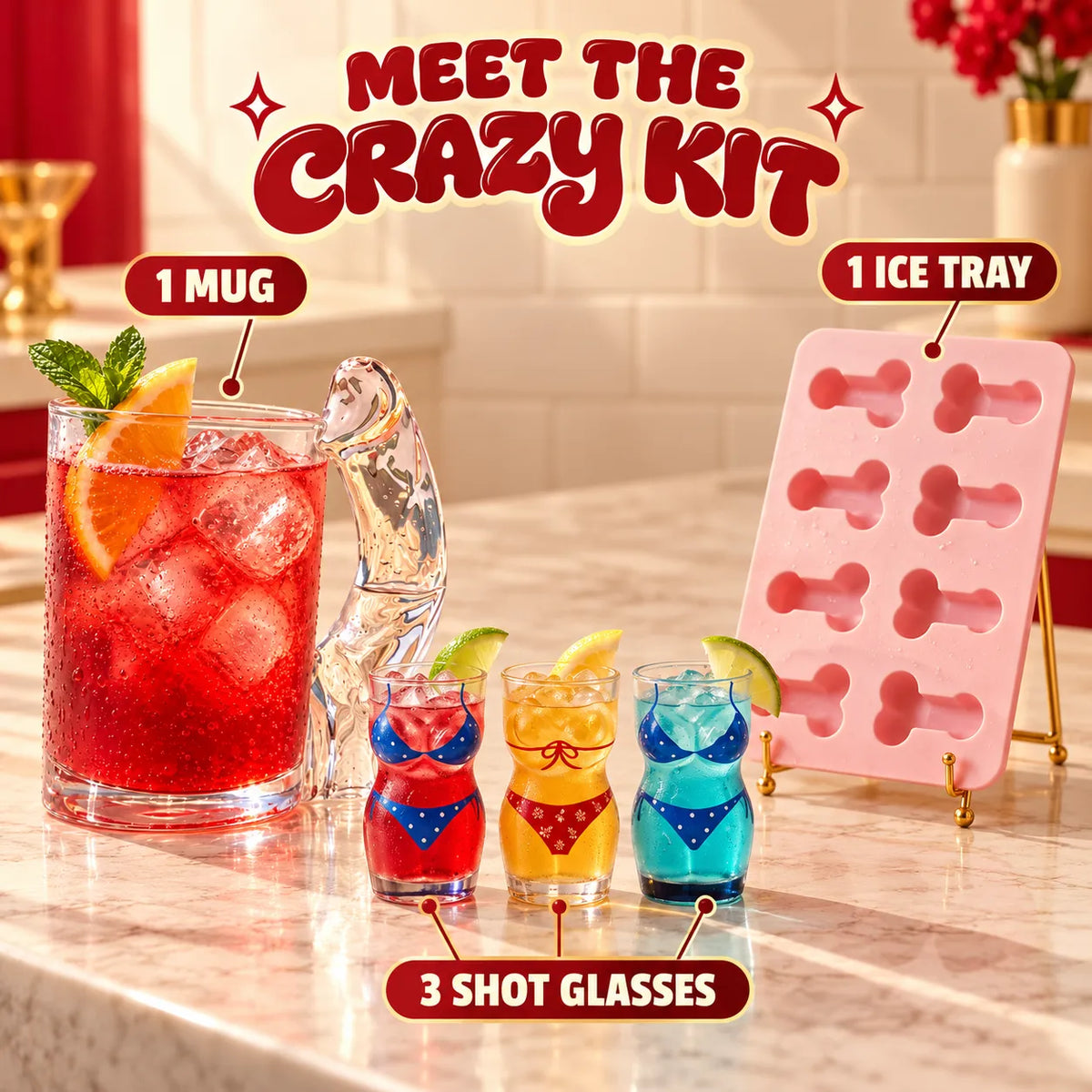🍹 Crazy Mug – Funny Handle Glass Mug & Party Kit 🎁