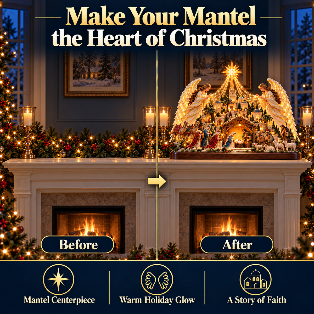 🎄✨ 3D Lighted Angel Nativity Centerpiece – Meaningful Christmas Mantel Decor