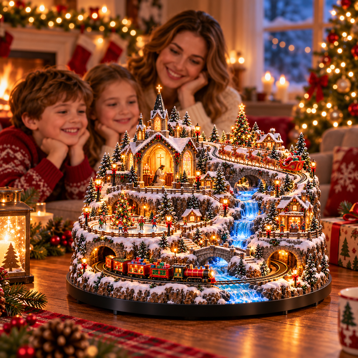 🔥 LAST DAY 49% OFF 🔥 Lighted Animated Christmas Village with Train, Reindeer Sleigh & Waterfall