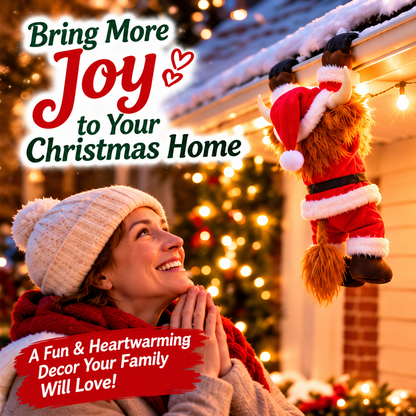 🎅🐮 Climbing Highland Cow™ – Animated Christmas Roof Climber | Adorable Santa Cow Holiday Hanging Decoration