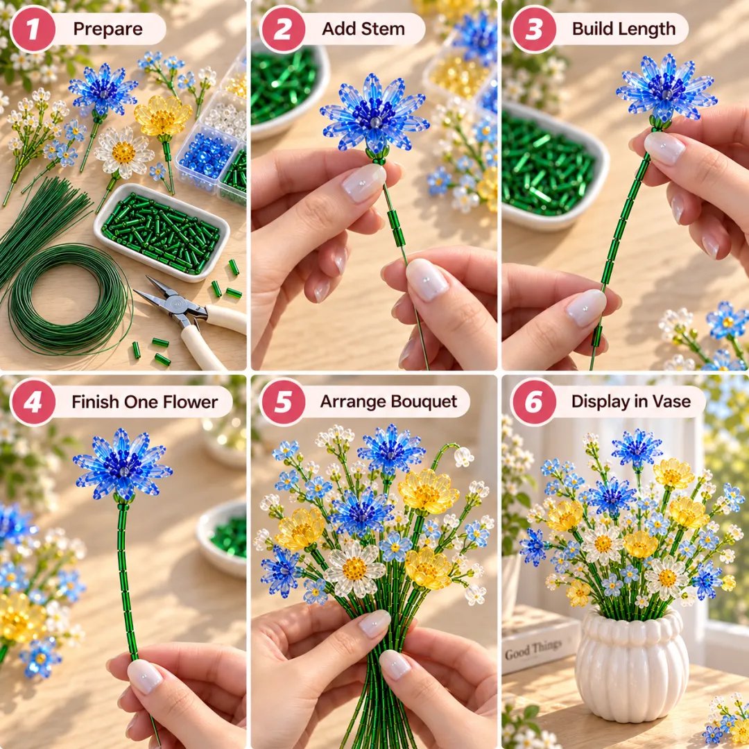⏳ Last Day 49% OFF –🌼✨DIY Beaded Wildflower Bouquet Kit – Handmade Crystal Flower Craft Set🌸✨