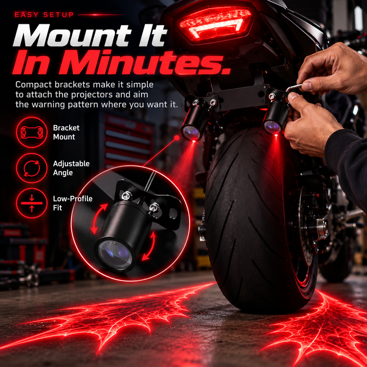 🏍️🦇 Motorcycle Bat-Wing Laser Projection Lights – Bold Red Ground Effect, Dual Adjustable Projectors 🔥