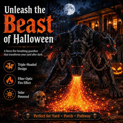🔥 3-Headed Hellhound Halloween Light – Solar Fire-Breathing Yard Monster