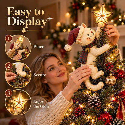 🐱 Light-Up Christmas Cat Tree Topper – Cute Climbing Kitty Holding a Glowing Star ⭐🎄