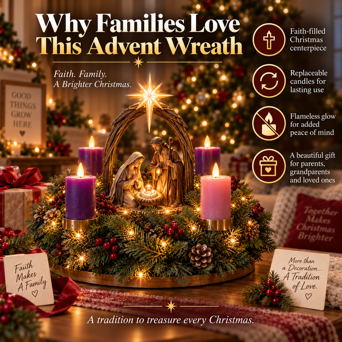 49% OFF✝️ Lighted Nativity Advent Wreath – A Sacred 4-Week Christmas Tradition🕯️