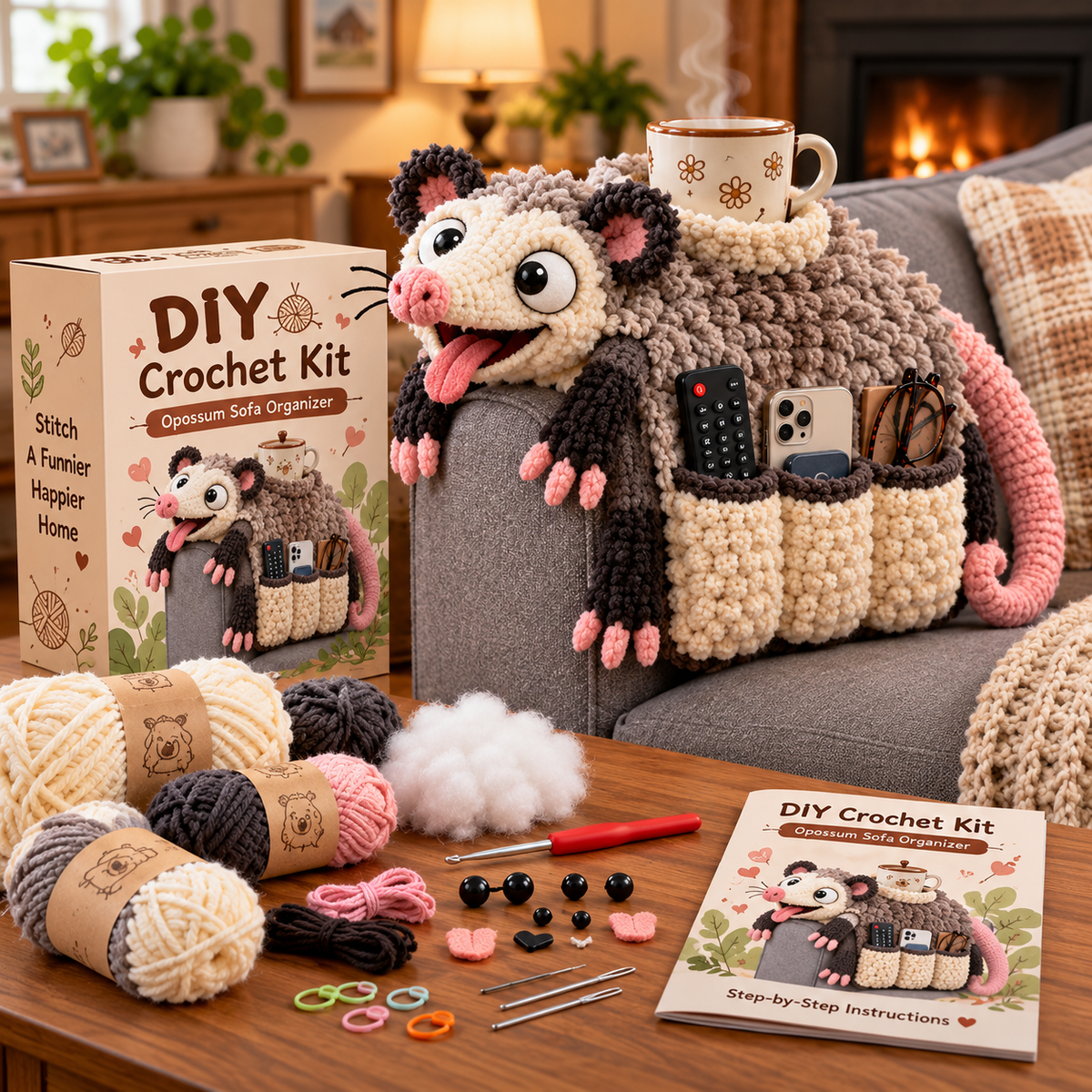 🧶😂 Couch Cuddlers™ DIY Crochet Kit – Funny Animal Sofa Armrest Organizer with 3 Handy Pockets 🛋️❤️