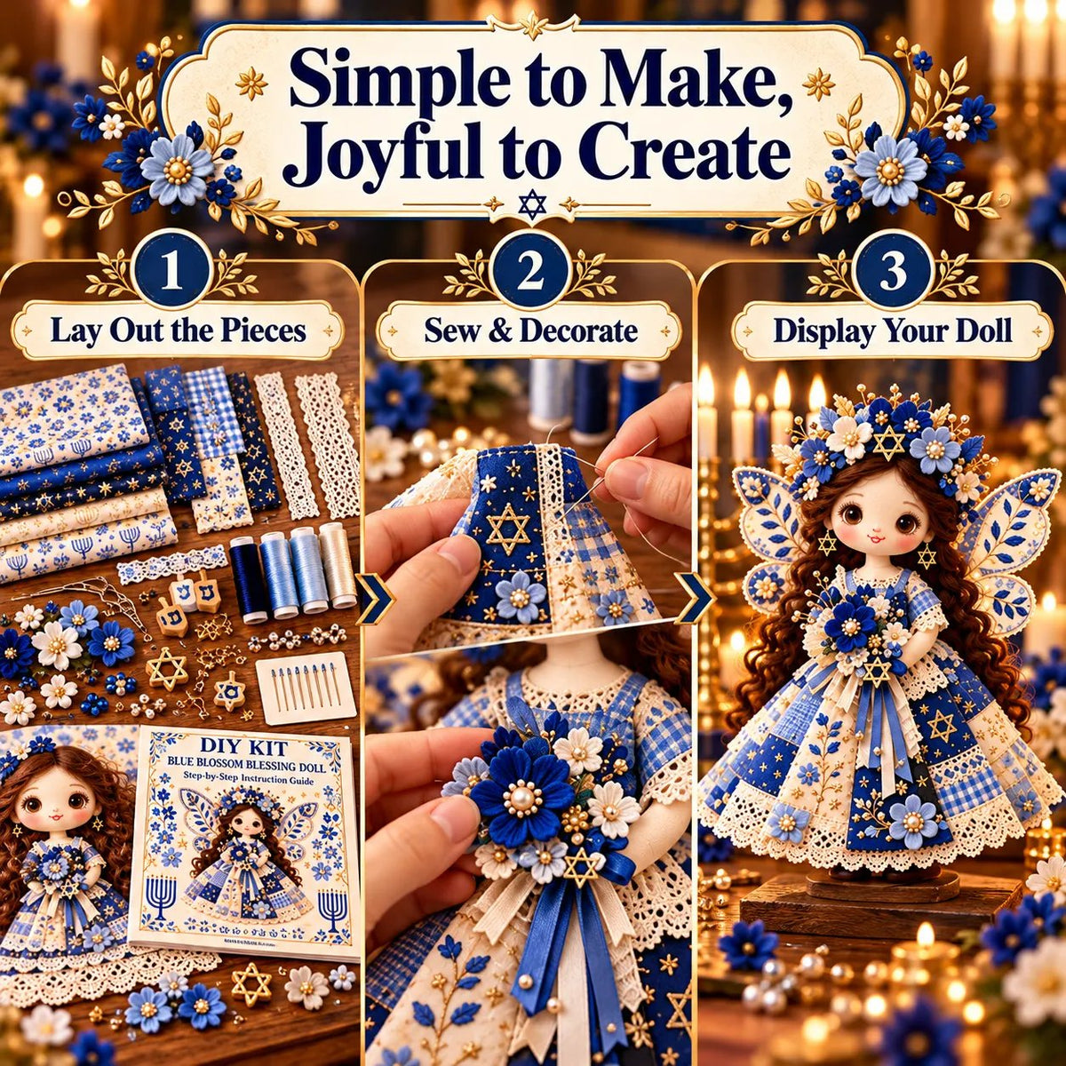 🕎🧵 Hanukkah DIY Patchwork Doll Kit – Handmade Festival of Lights Keepsake