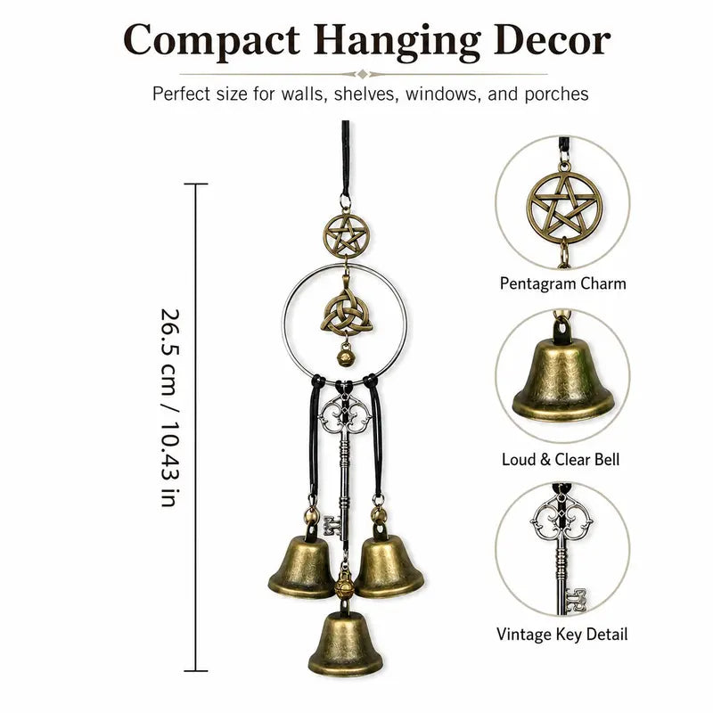 🌙 Vintage Witch Bells – Pentagram & Key Hanging Door Chime 🔔