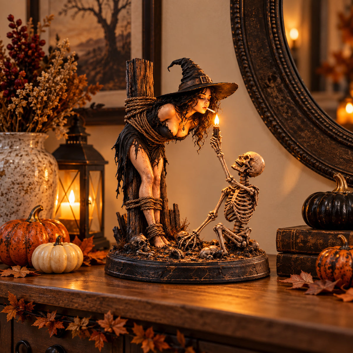 Witch & Skeleton Candle Scene Figurine – Gothic Halloween Tabletop Decor