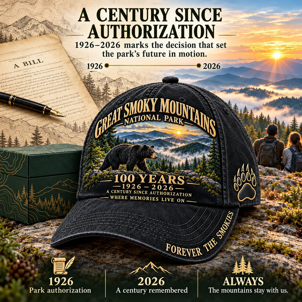 ⏳ Last Day 49% OFF – 🏞️ Great Smoky Mountains 1926–2026 Centennial Cap | Black Bear & Mountain Heritage Design 🐻